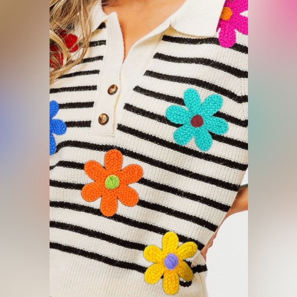Bibi Flower Patch Striped Half Button Sweater Vest - image 3